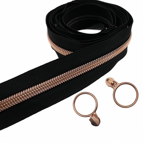 Leekayer 5#Rose Oro Metallico Protrusione Nylon Bobina Cerniera al Metro Sfuso 9 Metri Nero Nastro Cerniera con 25 Oro Rosa Anello Tirante per Fai da Te Cucito Sarto Artigianato (Nero)