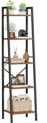 Furologee Scaffale a scala a 5 livelli, libreria alta con 2 ganci, libreria stretta con ripiani portaoggetti, mensola angolare autoportante per camera da letto, soggiorno, casa, ufficio, cucina,