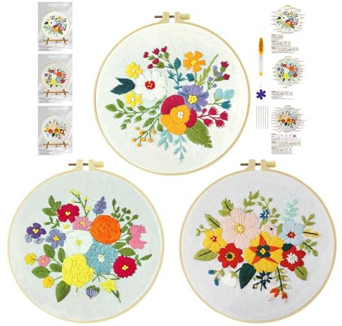 cukol cukol 3pcs Kit Ricamo Principianti Fiore, Embroidery Kit, Schemi per Set Ricamo Starter Mezzo Punto Croce Kit da Ricamare Mezzopunto a Mano Stampato Bambini