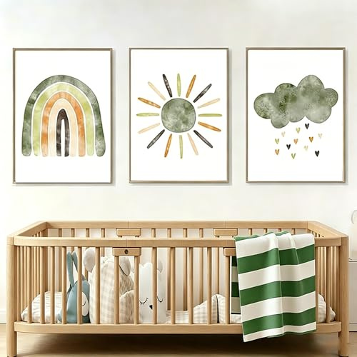 BeiYiHo 3 Bilder Kinderzimmer Grün Regenbogen Sonne Wolken Boho Poster Babyzimmer Junge 30x40cm Leinwand Dekoration Baby Boy Wandbilder Kinder Geschenk ohne Rahmen