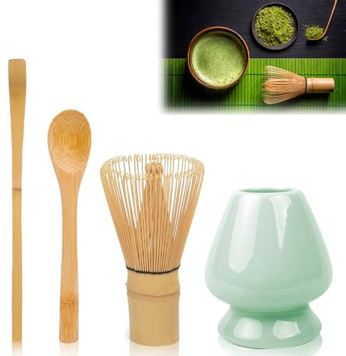 Matcha set – Te matcha kit – Batidor bambu te matcha – Juego de 4 piezas con cuchara de matcha y soporte de cerámica para batidor – Ideal para preparar matcha y ceremonias del té (color cian)