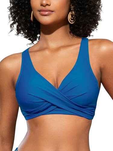 SHEKINI Haut de bikini pour femme avec col en V croisé push-up et grande poitrine - Haut de bain à nouer dans le dos pour femme, bleu, XL