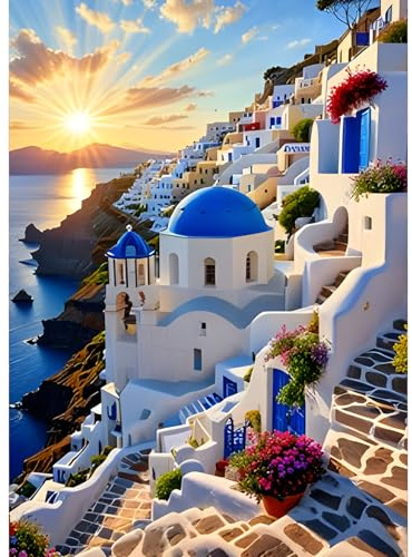 GDYEEH Kirche Diamond Painting Erwachsene, 5D Santorin Diamant Kunst Bilder Anfänger, DIY Sonnenuntergang Runder Vollbohrer Diamanten Malerei Stickerei Kreuzstich Geschenke Home Wand Dekor 30x40cm