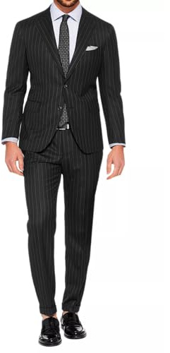 VEQUÈ Abito Elegante da Uomo Gessato Primavere Estate Completo Giacca e Pantalone Vestito a Righe Formale Due Pezzi Casual Elegante Matrimonio (IT, Numero, 50, Regular, Regular, Nero)