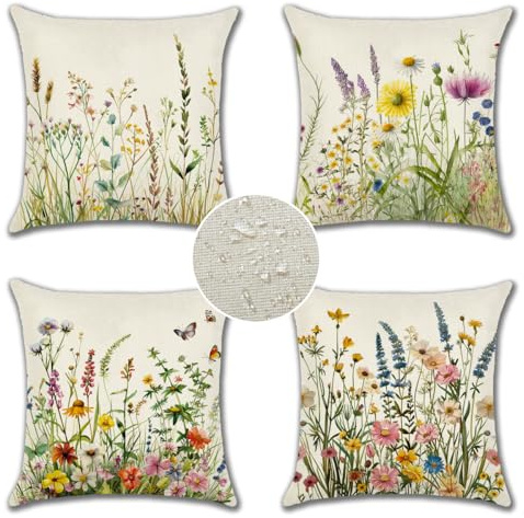 JOTOM 4er Set Outdoor Kissenbezüge, Dekorative wasserdichte Wurf Kissenbezug Moderne Kissenhüllen Sofakissen Dekokissen Zierkissenbezug für Wohnzimmer Garten Deko (45x45cm, Wildblumen)