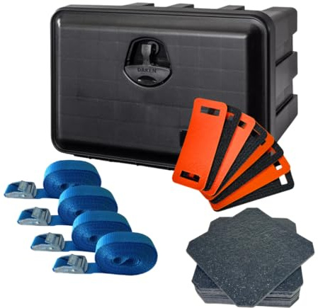 LOADCARE Ladungssicherung Set für PKW Transporter Anhängerkiste wasserdichte Deichselbox mit Zubehör 500x350x400 (Mit Klemmschlossgurten, Matten + Kantenschutz)