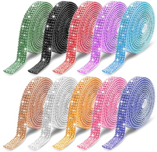HekouJiub 10 Rollen Strassband Selbstklebend 1 Yard Glitzerband Bunte Kristall Strassband Glitzerband Selbstklebend Strassstreifen Diamantband Glitter Kristallband für DIY Geburtstag Hochzeit Deko