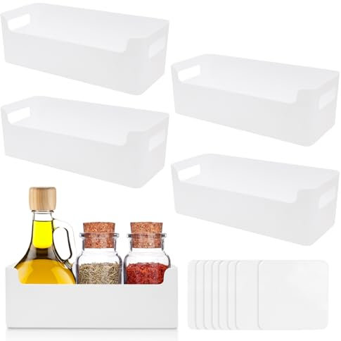 Griwuut 4 cajas de almacenamiento de plástico, organizador con asas, armario de cocina, cestas de almacenamiento, color blanco