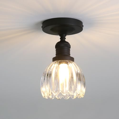 Pathson Industrie Semi-affleurant Plafonnier, Éclairage de Plafond à Abat-jour en Verre Tulipes, pour Salon, Couloir, Porche, Chambre (Noir)