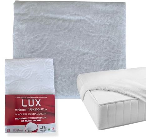 Tessitura Zambaiti Coprimaterasso Matrimoniale 175x200+27 cm in Spugna Jacquard 100% Cotone con Angoli Elasticizzati – Made in Italy – Protezione da Acari e Polvere