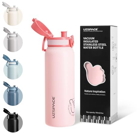 UZSPACE Gourde Isotherme Enfants 700ml en Acier Inoxydable - Gourde Sport à Double Paroi - Bouteille Isotherme Étanche pour École, Bureau ou Sport, Quartz rose