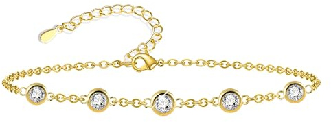 ASH'S Choice Pulsera Mujer Oro de Zircon Redondo, Ajustable Pulsera Tobillera Acero Inoxidable, Chapada en Oro 14K, Pulsera de Amistad, Regalo de Joyería para Mujer Niñas