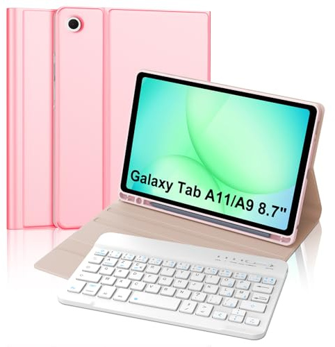 FOGARI Étui Clavier pour Samsung Galaxy Tab A11/A9 8.7 Pouces - AZERTY Français Clavier Magnétique Bluetooth sans Fil Housse avec Pen Holder pour Samsung Galaxy Tab A11 2025/A9 2023, Rose