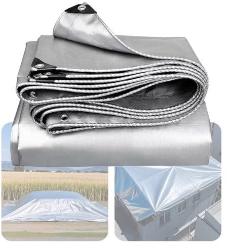Lona Impermeable Exterior 2m 3.5m 4.5m 6m 7m 8m 9m 10m Lona de Protección Toldo Reforzado PVC con Ojales, Desgarros, Toldo Multiusos Plata para Muebles Jardín Piscina Coche(4.5x5m)