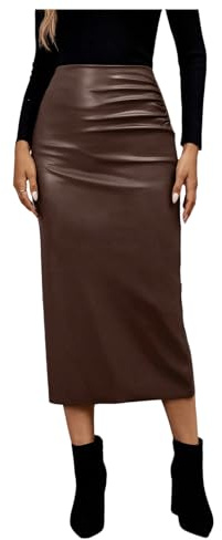 GORGLITTER Women's Casual Fitted Faux Leather Slit Maxi Skirt Ruched Side Elastic High Waist Long Pencil Skirts Coffee Brown Small