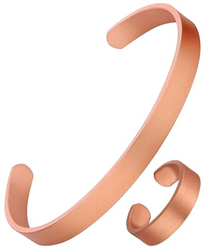 MagEnergy Pulsera de cobre puro – 100% cobre auténtico, flexible ajustable, pieza de joyería de moda hecha a mano para hombre y mujer, con caja de regalo (juego de anillos de pulsera de cobre)