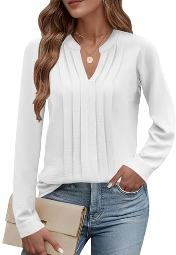 Cuptacc Blouse Femme Col en V Tee Shirt Femme Manches Longues Tunique Mode Basique Chemisier Pulls Blanc, XXXL Grande Taille