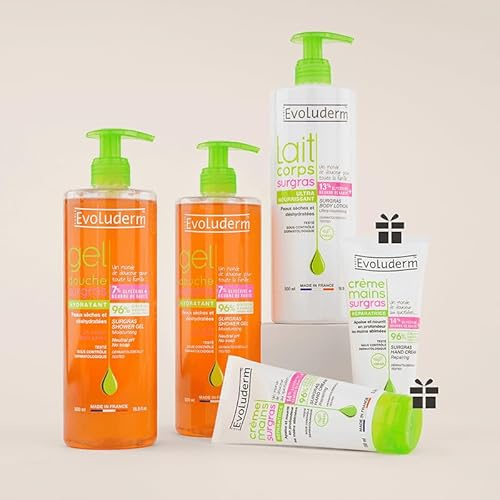 EVOLUDERM - Offre Routine Corps Surgras - 2 Gels Douche 500ml + 1 Lait Corps 500ml + 2 Crèmes Mains Offertes - Ingrédients Naturels - Made In France