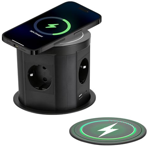 Prise Plan de Travail Cuisine 4 Prises, 1 USB C, 1 USB A Ports, Chargeur sans Fil, Prise de Table Escamotable 3 Prises pour Les Cuisines Bureaux Chambres Salle de Réunion (Noir)