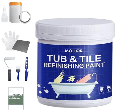 Mollor Kit de acabado de tina y azulejos con herramientas, 0,5 kg de pintura blanca para azulejos a base de agua y bajo olor, pintura de tina, fácil de usar para baño, cocina, porcelana, suelo, blanco
