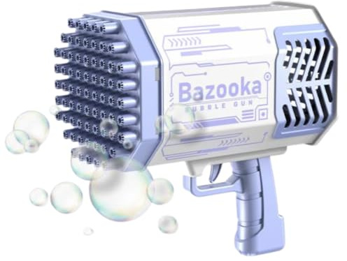 Bazooka Seifenblasenpistole mit 69 Ausgängen, Violett und Weiß, wiederaufladbarer Akku, bunte Lichteffekte, für Kinder