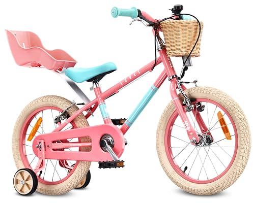 Sun Baby Barncykel 16 Tum LOVEL, Cykel för barn - Flicka 4-6 År, Max 50 kg - dockvagn, stödhjul, korg, ringklocka, kedjeskydd - Rosa-Mintgrön