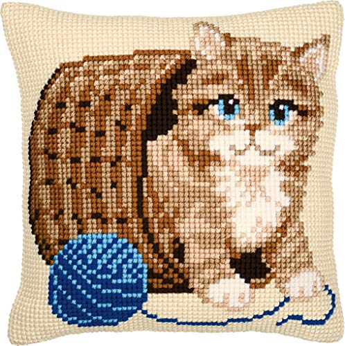 VERVACO Kreuzstich Stickpackungen Kissen Stickerei Set Anfänger Vorgedruckt Katze DIY Set Kreativ Set Für Erwachsene Dekoratives Kissen ca. 40 x 40 cm Bastelset Handwerker Haus Dekoration
