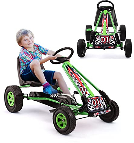 GOPLUS Kart à Pédales Enfants, Siège Réglable,Avancer et Reculer, avec Embrayage et Frein, Pédales Antidérapantes, 4 Roues en Caoutchouc et Plastique, Vélos et Véhicules pour Enfants 3-8 Ans (Vert)