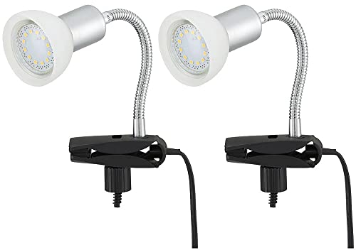 Klemmlampe weiß Klemmleuchte Klemmlampe LED mit Stecker, Tischleuchte Leselampe, Spot beweglich, Metall titanfarben Glas weiß, 1x LED 3W 250Lm 3000K, HxLxB 34x9x6,1 cm, 2er Set