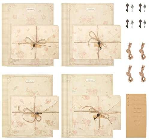 LELE LIFE Briefpapier- und Umschläge-Set mit Vintage-Blumenmuster, 4 Designs, liniertes Briefpapier-Set im Antik-Stil für Briefschreibset, doppelseitiges altes Papier für Grußkarte