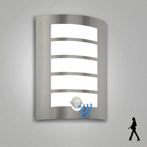 Wondlumi Outdoor Wall Lights with PIR Motion Sensor Curved Outside Light | Mains Powered Stainless Steel IP44 Waterproof for Porch Patio, Incl. 1x 12W Cool White E27 Bulbs