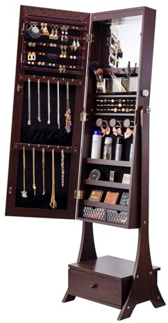 VEVOR Armoire à Bijoux avec Miroir Pleine Longueur, Organisateur de Bijoux sur Pied avec Rangement, Meuble de Rangement pour Bijoux Verrouillable, Doublure en Velours, LED Intérieur, Tiroir, Marron