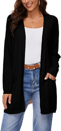 BERESIA Damen 100% Baumwolle Leichter Offener Cardigan mit Taschen, Langarm, Weiches Oversized Strickjacke, Casuale Pullover, Schwarz, XL