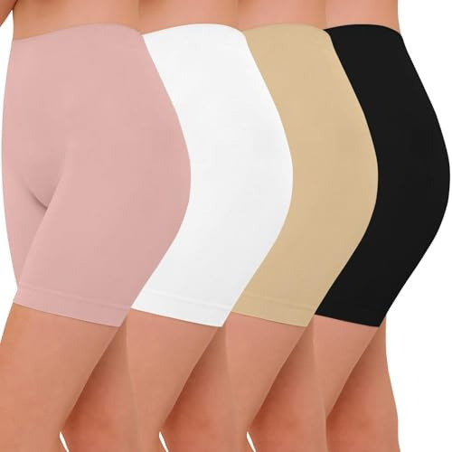 AURUZA 4pcs Anti Chafing Shorts Women, Seamless Slip Shorts Comfortable Underwear for Dresses Skirts Running Cycling Walking Yoga Everyday Wear (Black Nude White Pink, M)