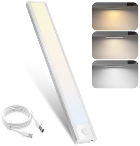 Homefire Luz Bajo Armario Cocina Led con Detector de Movimiento - 20CM Iluminación de Armario Regulable 3 Colores Temperatura Plata USB 1000mAh Recargable Lámpara de Cocina para Armario Bajo