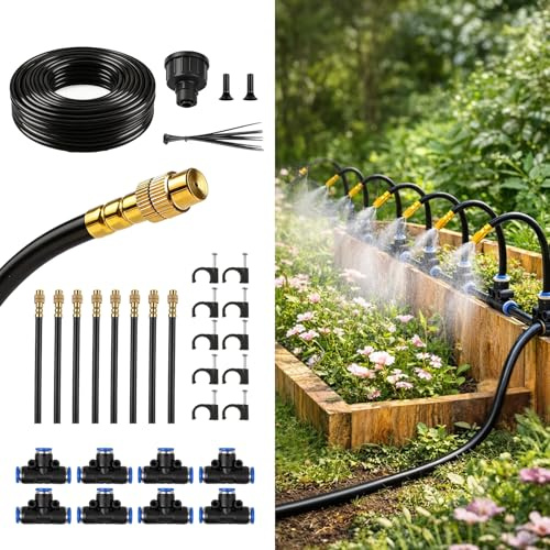50FT Drip Irrigation Kit, 360° Adjustable Garden Watering System with 1/4 Tubing, Brass Misting Nozzles, DIY Irrigation System for Plants, Raised Beds, Greenhouse