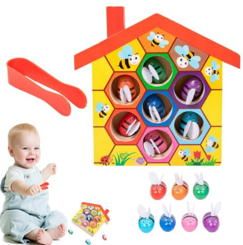 Bee Hive Board Game – 7 Inch Learning Toy | Wooden – Preschool Color Sorting Bee Matching Game With Clip For Kids Fine Motor Skills Math Learning And Early Education