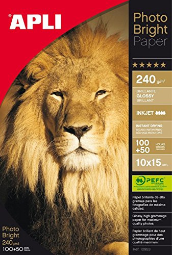 APLI 11504 - Papel fotográfico Photobright, 10 x 15 cm, pack de 150 hojas, 240 g, con acabado brillante, Calidad profesional, apto impresoras inkjet