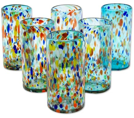 NOVICA Multicolor Mano Eco-Friendly soplado vasos de cristal, 16 oz, Cielo del arco iris Gotas de agua (juego de 6) azul Multicolor