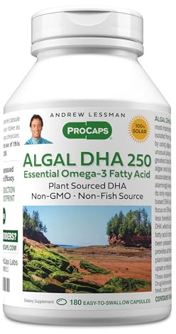 ANDREW LESSMAN Algal DHA 250mg 180 Softgels - Plant-Based Omega-3 Oils, Natural Marine Algae, High DHA, Non-GMO, High Potency, No Stomach Upset, No Fishy Aftertaste. Small Easy to Swallow