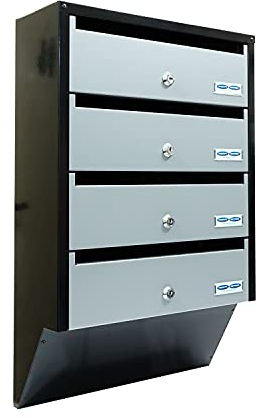 Rottner Depot 4 Briefkastenanlage Silber Schwarz Stahlblech Namensschildhalter Zylinderschloss je 2 Schlüssel HxBxT 600x385x140 mm für 4 Parteien Befestigungsmaterial