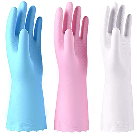 Alimat PluS 3 Pack Reusable Cleaning Gloves Latex Free - Dishwashing Gloves with Cotton Flock Liner and Embossed Palm - Waterproof Household Gloves for Laundry, Gardening (Small)