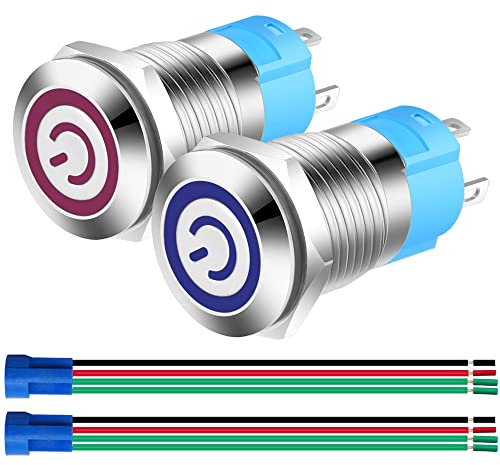 Gebildet 2Piezas 12mm Interruptor de Botón de Bloqueo Acero Inoxidable Impermeable Plana Top, Normalmente Abierto SPST ON/Off 12V-24V 3A Pulsador con Enchufe de Cable(Azul+Rojo)