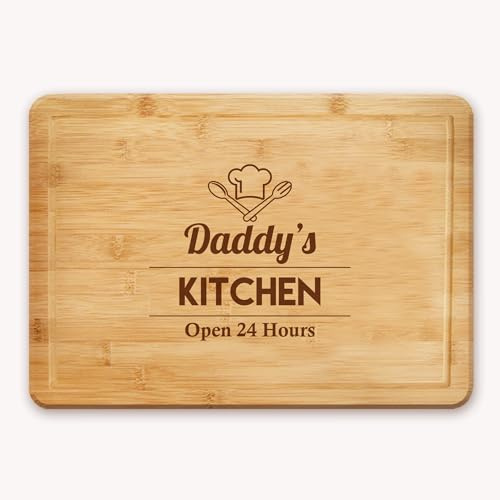 Laser Engraved Bamboo Chopping Board for Dad | Cheese Board | Cutting Board with a Chef Hat and The Wording Daddy's Kitchen Open 24 Hoursv