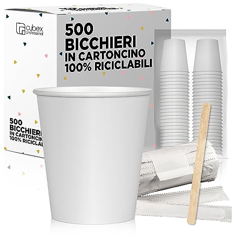 cubex professional® - Kit de 500 vasos reciclables de cartón blancos, 240 ml + 500 paletinas de madera de 11 cm en sobres individuales, para café, agua o bebidas calientes y frías