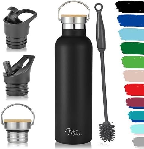 Milu Edelstahl Trinkflasche 500ml, 750ml, 1000ml (+3 Deckel) - Thermosflasche mit Strohhalm, Isolierte Wasserflasche, Auslaufsichere Isolierflasche doppelwandig, Kohlensäure geeignet (Schwarz, 750ml)