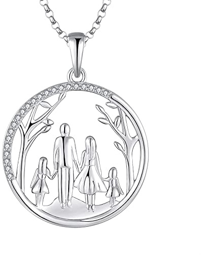 JO WISDOM Damen Kette Mama Familie LebensBaum Silber 925,Halskette Anhänger Mutter Tochter Vater Sohn mit 3A Zirkonia,Schmuck für Frauen
