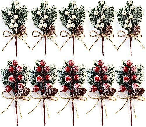 SDZHDMO 10pcs Christmas Artificial Red and White Berries Stems, Berries Picks Berry Branches Xmas Wreath Crafts Wedding Winter Home Decoration