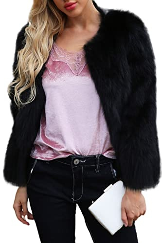 Edary Women Faux Fur Jacket Long Sleeve Coat Open Front Fur Coat Winter Warm Shaggy Faux Fur Parka for Women and Girl(Black,XL)