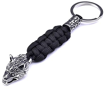 WDBAYXH Wikinger Fenrir Wolfskopf Perle Paracord Schlüsselanhänger Schlüsselband Tasche Auto Geflochtenes Paracord Seil Handgefertigter Nordischer Schmuck, Outdoor-Stil Zubehör